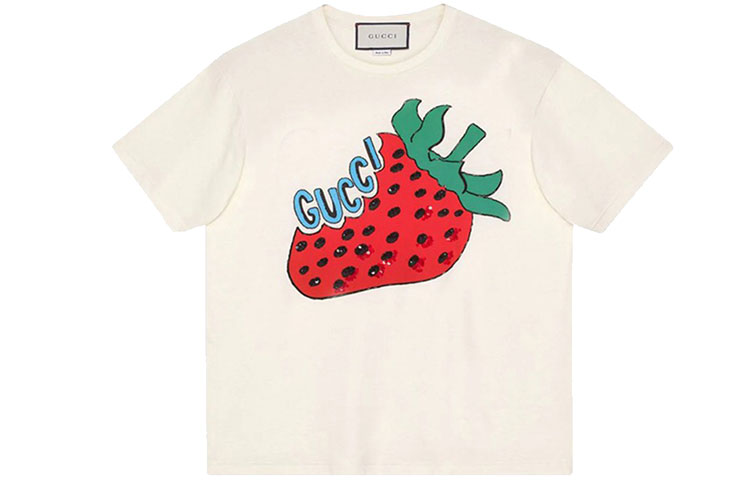 (Women) Gucci Logo Strawberry Print Oversized Crew Neck T-Shirt Off-White 539081-XJA2J-7136