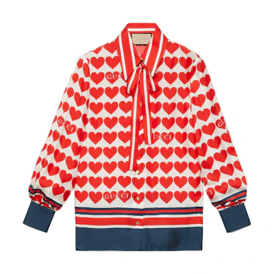 (Women) Gucci Love Parade DSM Exclusive SS22 Red Heart Print Long Sleeve Shirt Women 686549-ZAIV6-6253