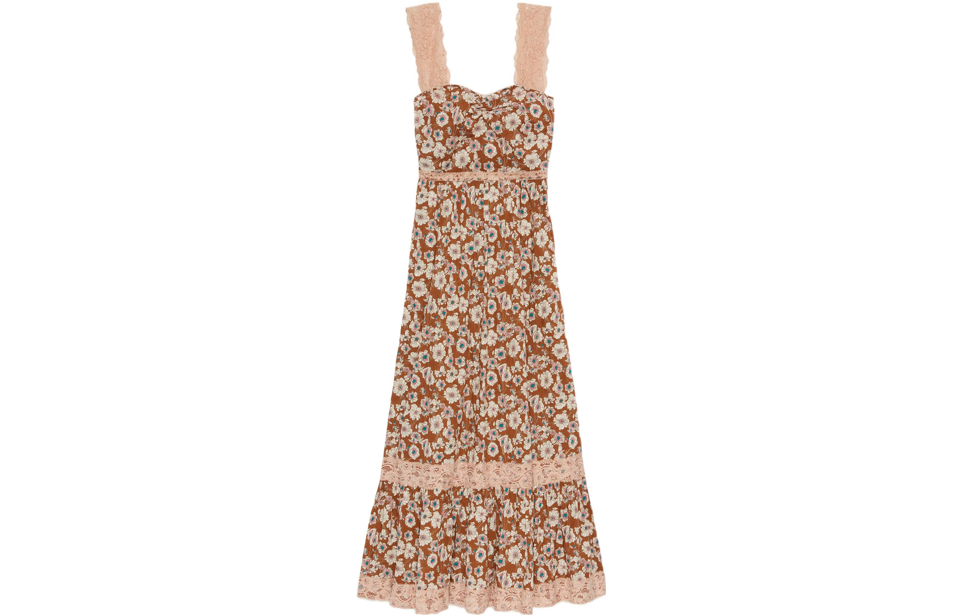 (Women) Gucci Love Parade Floral Print Square-Neck Sleeveless Long Dress Brown 699491-ZAJKH-2255