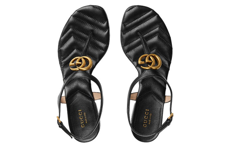 Shop GUCCI 古馳 徽標皮革搭扣涼鞋 女款 黑色