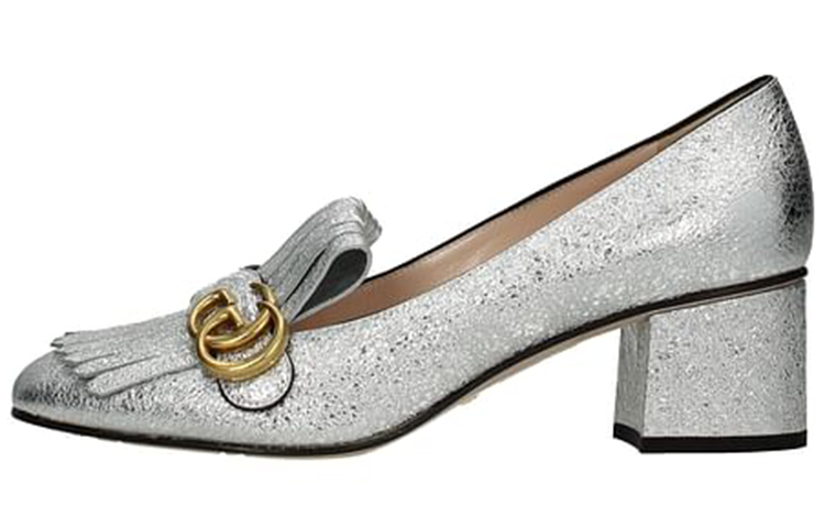 (Women) Gucci Marmont Fringe Loafer Mid-Heel 'Metallic Silver Foil' 408208-DKT00-8106