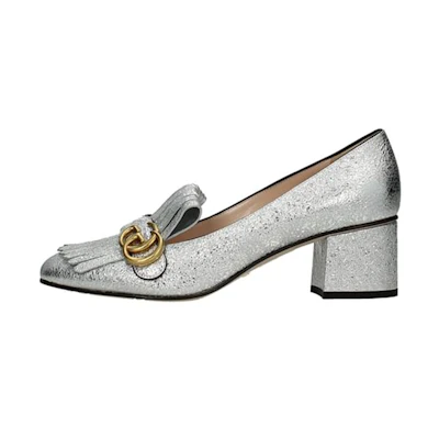(W) Gucci Marmont Fringe Loafer Mid-Heel 'Metallic Silver Foil'