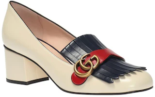 Shop GUCCI 古馳 Marmont系列 簡約休閒雙G皮革流蘇高跟鞋 女款 米白色