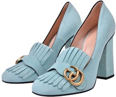GUCCI 古馳 麂皮雙G金屬扣流蘇復古高跟鞋 女式 淡藍色 Lookbook GUCCI 古馳 麂皮雙G金屬扣流蘇復古高跟鞋 女式 淡藍色