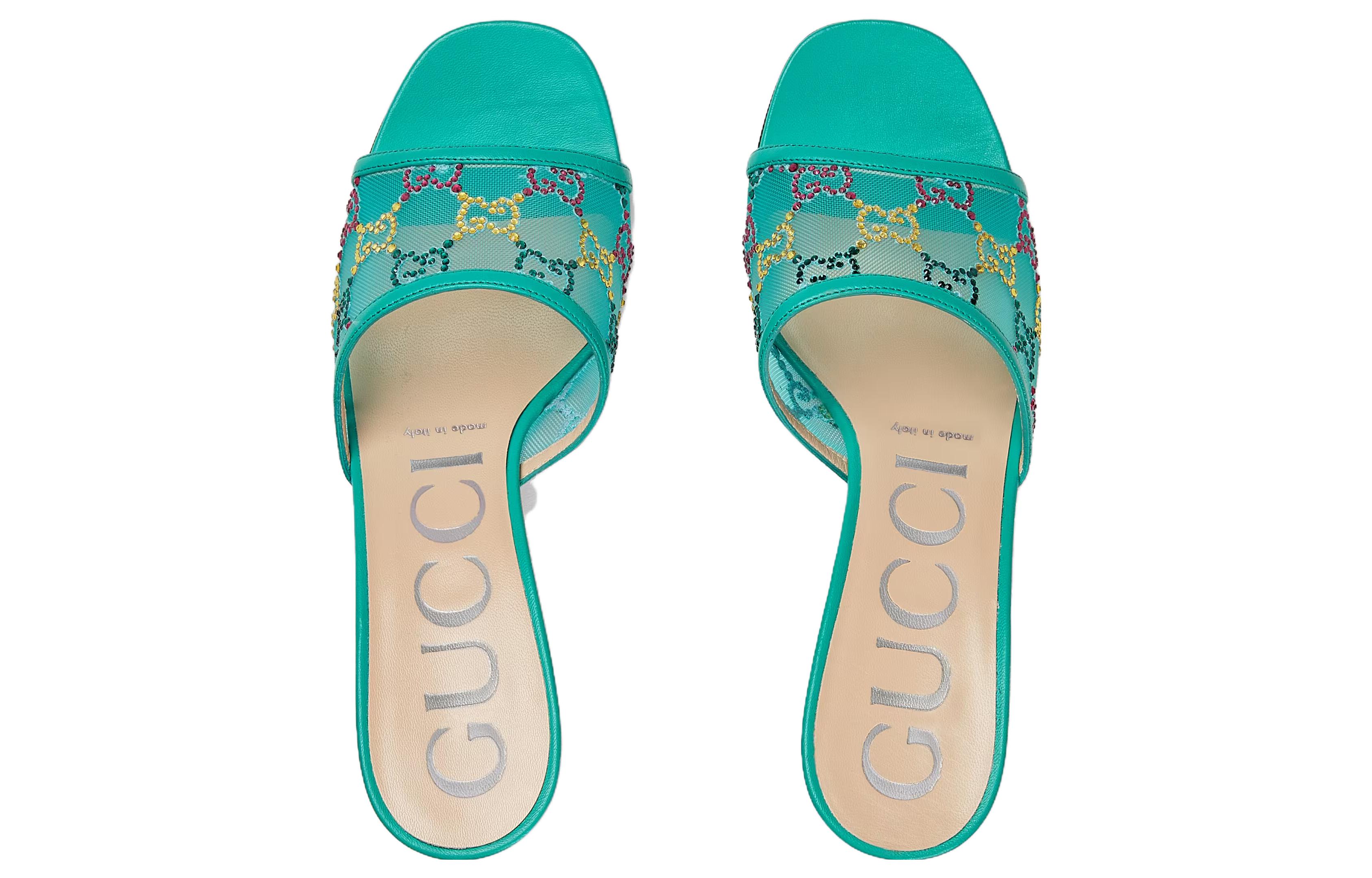 Shop GUCCI古馳 網布 露趾高跟 一字拖鞋 女款 綠色
