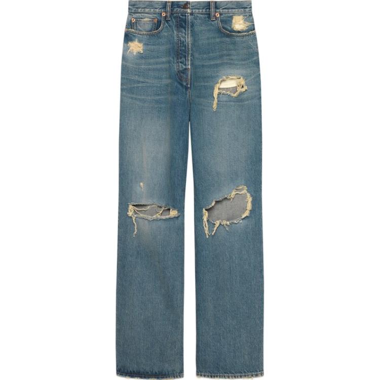 (Women) Gucci Mid-Rise Button Straight-Leg Distressed Jeans Blue 638045-XDBFI-4011