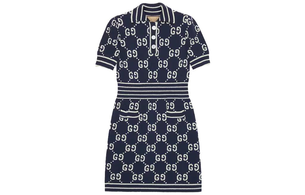 (Women) Gucci Monogram Print Short-Sleeve Mini Dress Navy Blue 753920-XKCAN-4769
