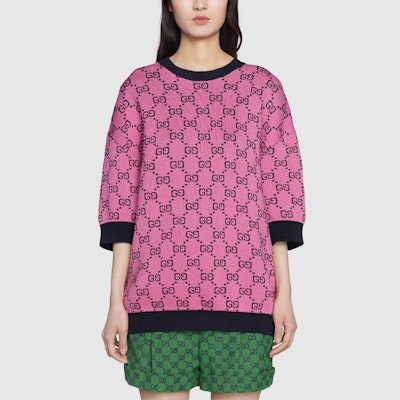 (W) GUCCI 多彩標誌印花粉紅羊毛毛衣 女款 662038-XKBXI-5152 Shop (W) GUCCI 多彩標誌印花粉紅羊毛毛衣 女款 662038-XKBXI-5152