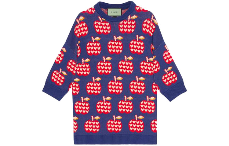 (Women) Gucci Navy Apple-Print Round Neck Cotton Sweater 665122-XKBYW-4684