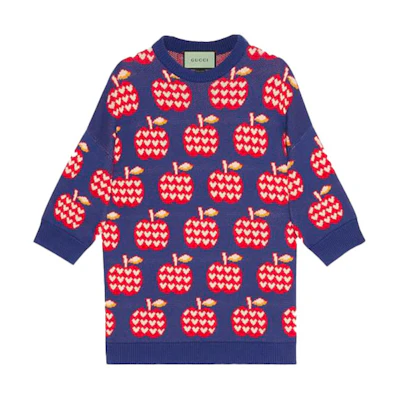(Women) Gucci Navy Apple-Print Round Neck Cotton Sweater 665122-XKBYW-4684