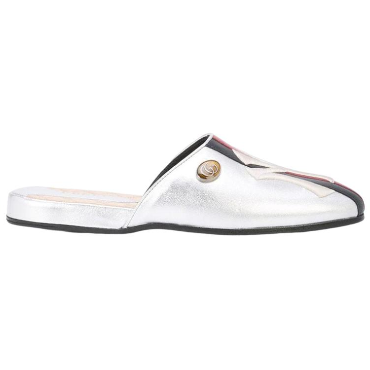 (W) Gucci NY Yankee Slippers Silver Leather 圖 2