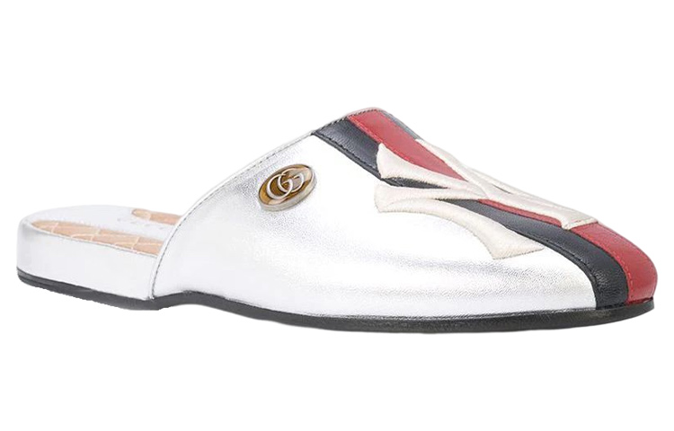 (W) Gucci NY Yankee Slippers Silver Leather 圖 3