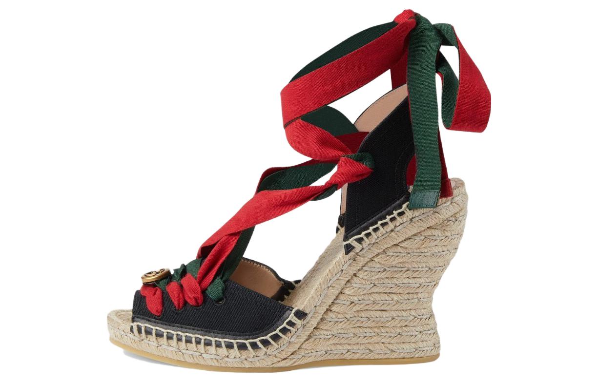 (W) Gucci Open-Toe Lace-Up Wedge 'Black Green Red'