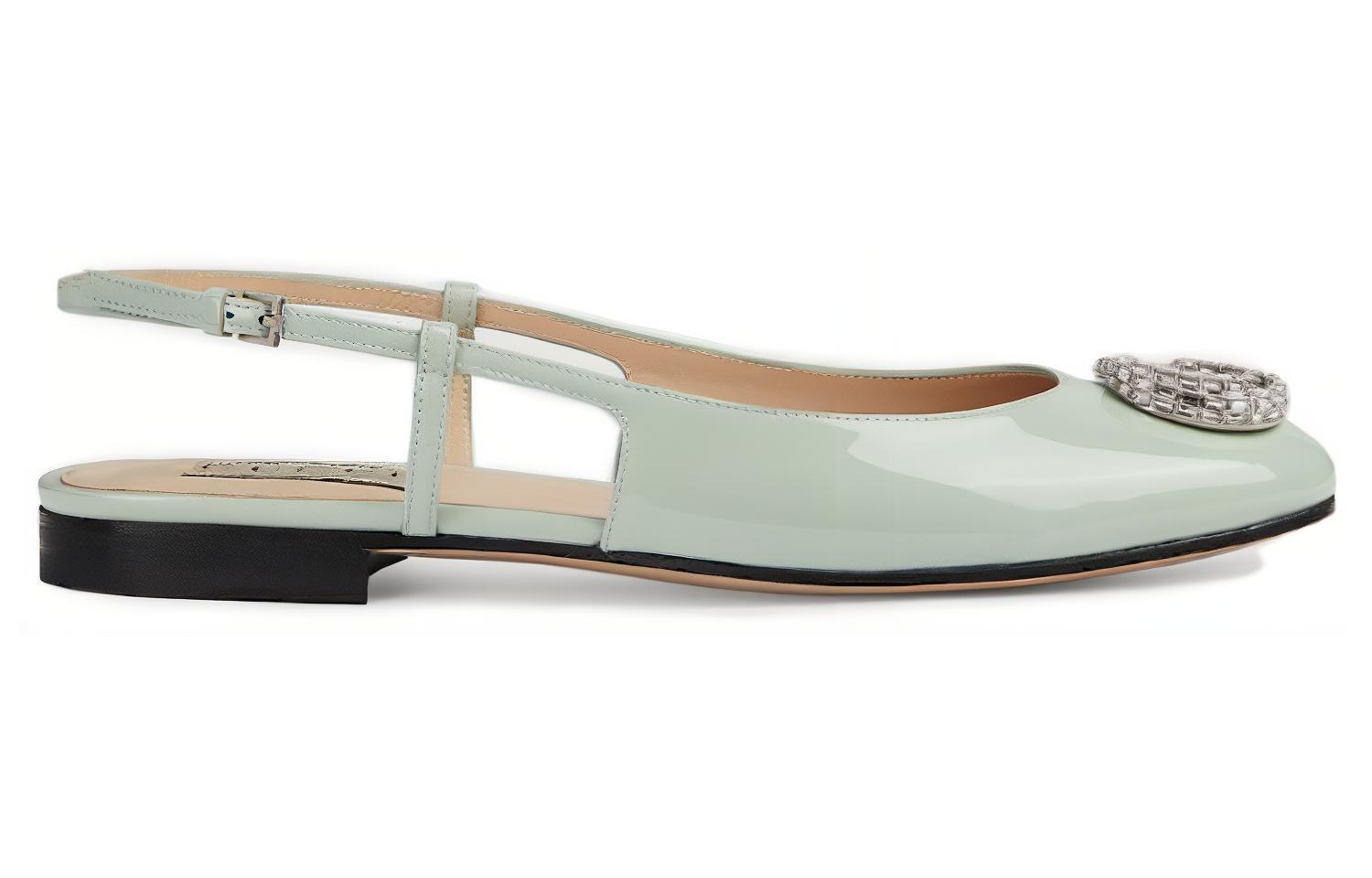 Order (W) Gucci Kasut Rata Kulit Berkilat Bertumit Runcing dengan Gesper 'Hijau Pudar' 762765-BNC00-3401