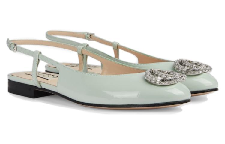 Lookbook (W) Gucci Kasut Rata Kulit Berkilat Bertumit Runcing dengan Gesper 'Hijau Pudar' 762765-BNC00-3401