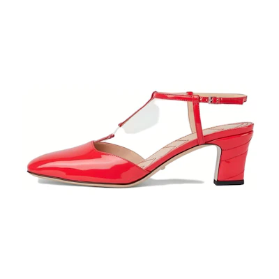 (W) Gucci Patent Leather Round Toe Buckle 'Red High Heels'