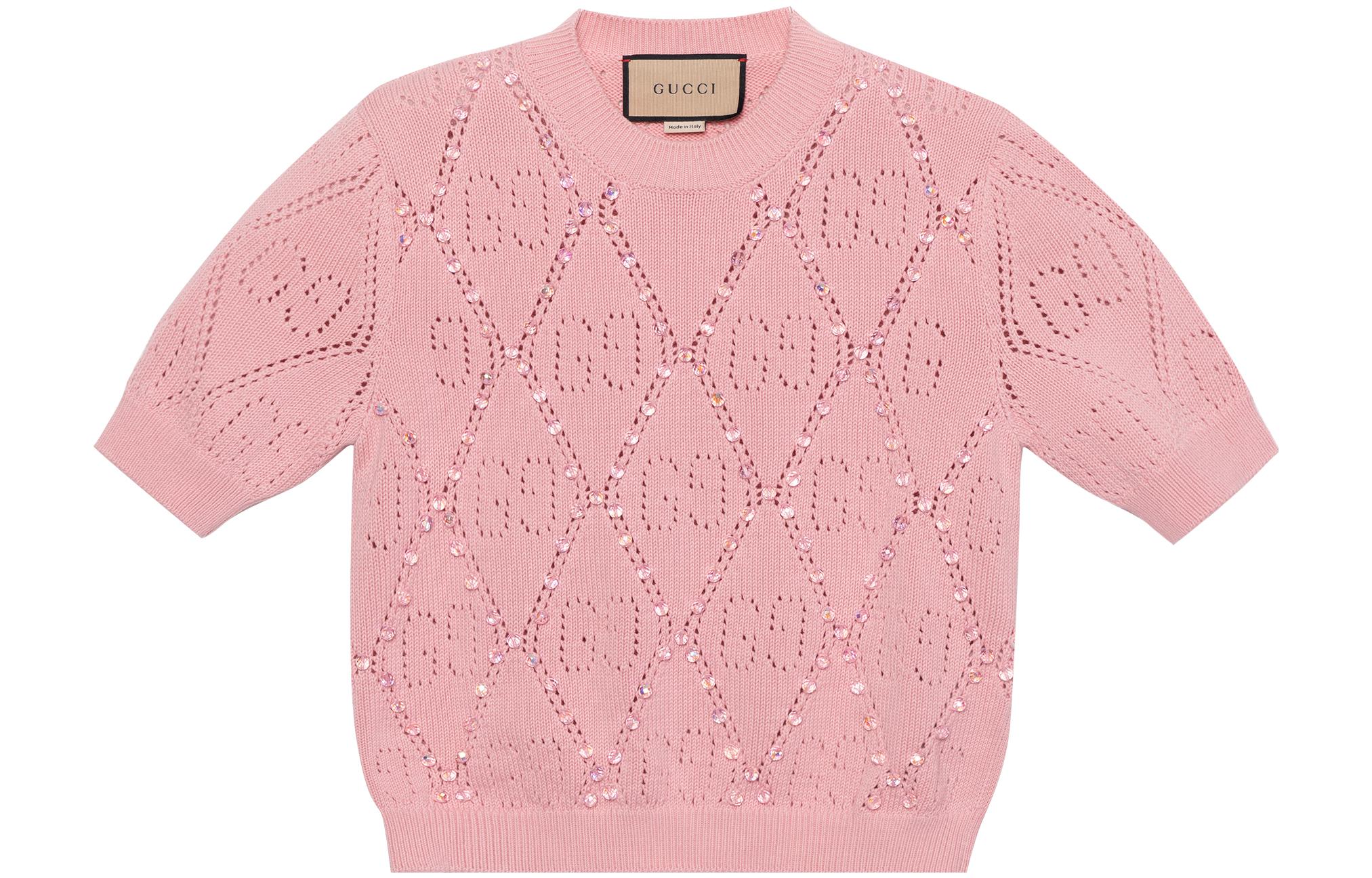 (Women) Gucci Pink Double G Diamond Knit Short Sleeve Sweater SS22 691710-XKCAT-5307