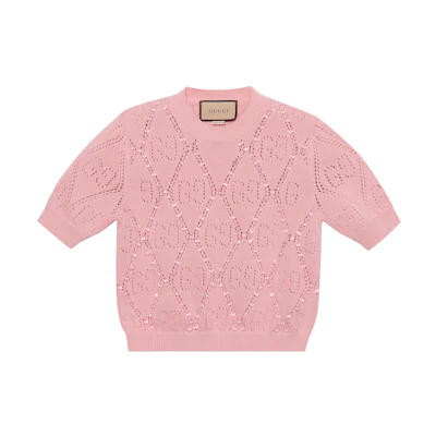 (Women) Gucci Pink Double G Diamond Knit Short Sleeve Sweater SS22 691710-XKCAT-5307