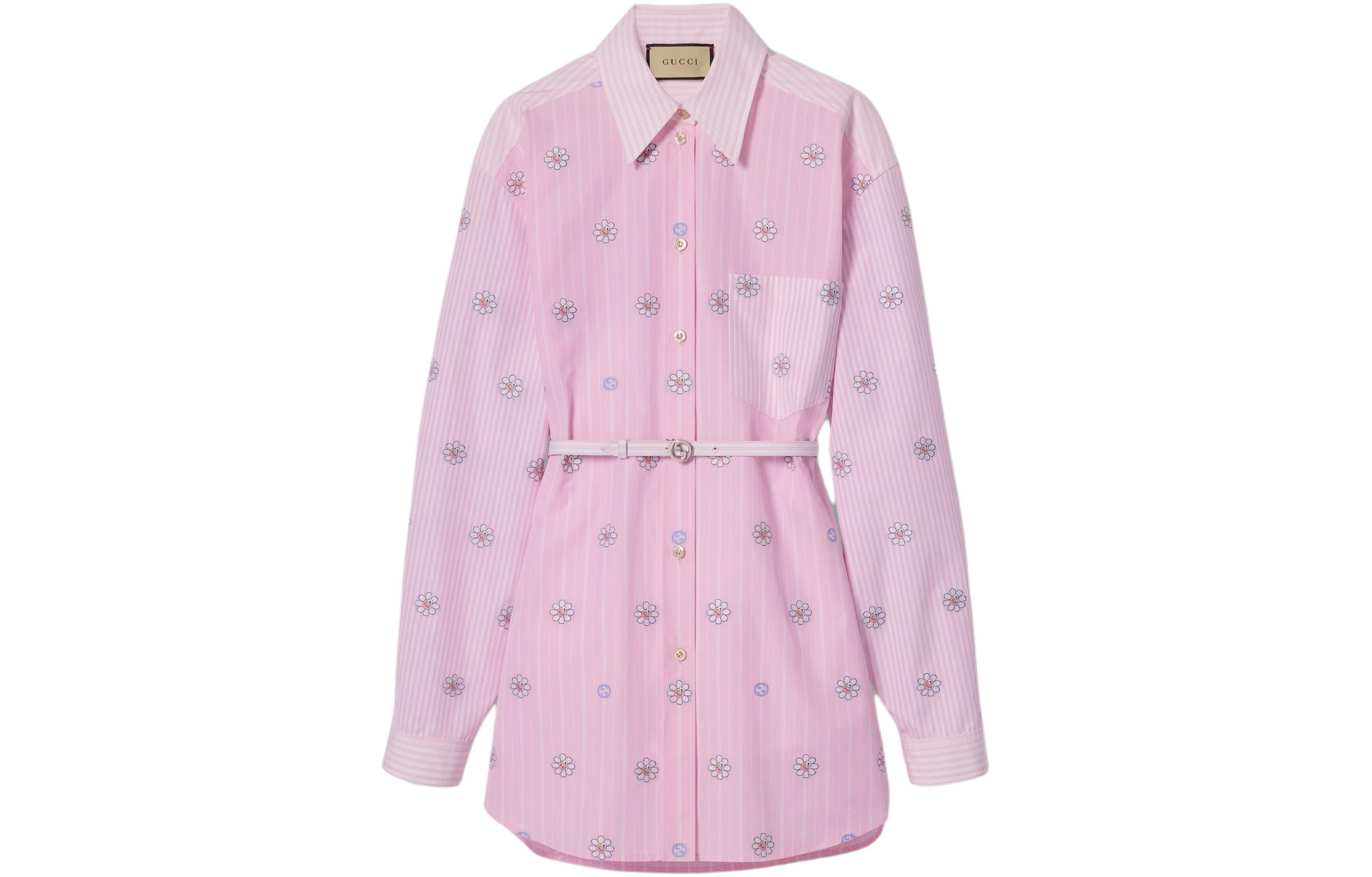 (Women) Gucci Pink Floral Striped Long Sleeve Dress 781668-Z8BRR-9368