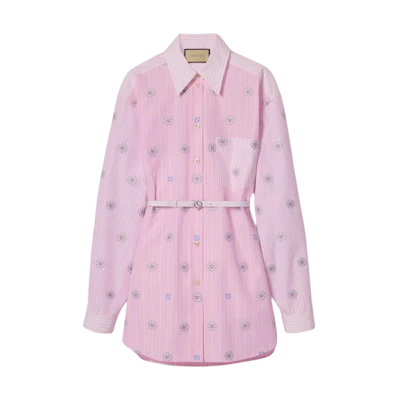 (Women) Gucci Pink Floral Striped Long Sleeve Dress 781668-Z8BRR-9368
