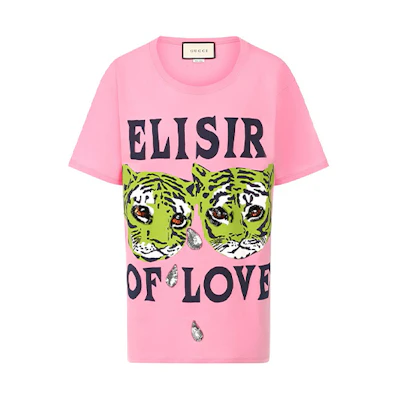 (Women) Gucci Pink Regular Fit Cotton T-Shirt with Tiger Print. 492347-XJBHQ-5901