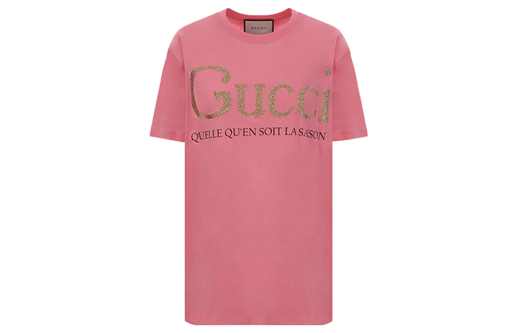 (Women) Gucci Pink Short Sleeve T-Shirt with Gold Foil Lettering 615044-XJCLF-5351