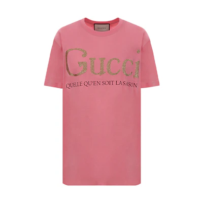 (Women) Gucci Pink Short Sleeve T-Shirt with Gold Foil Lettering 615044-XJCLF-5351