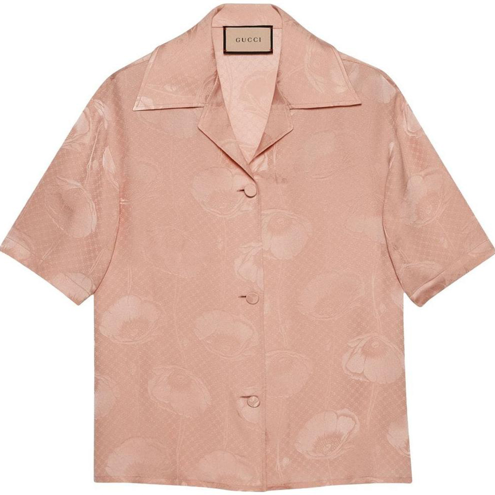 (Women) Gucci Pink Silk Jacquard Short Sleeve Sun Protection Shirt 68654-7ZAA67-5981