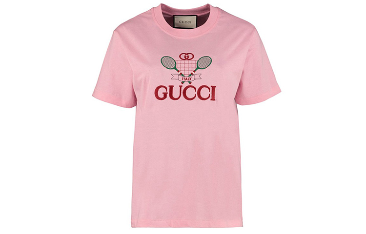 (Women) Gucci Pink Tennis Embroidered Casual Crew Neck T-Shirt 580762-XJBHP-5904