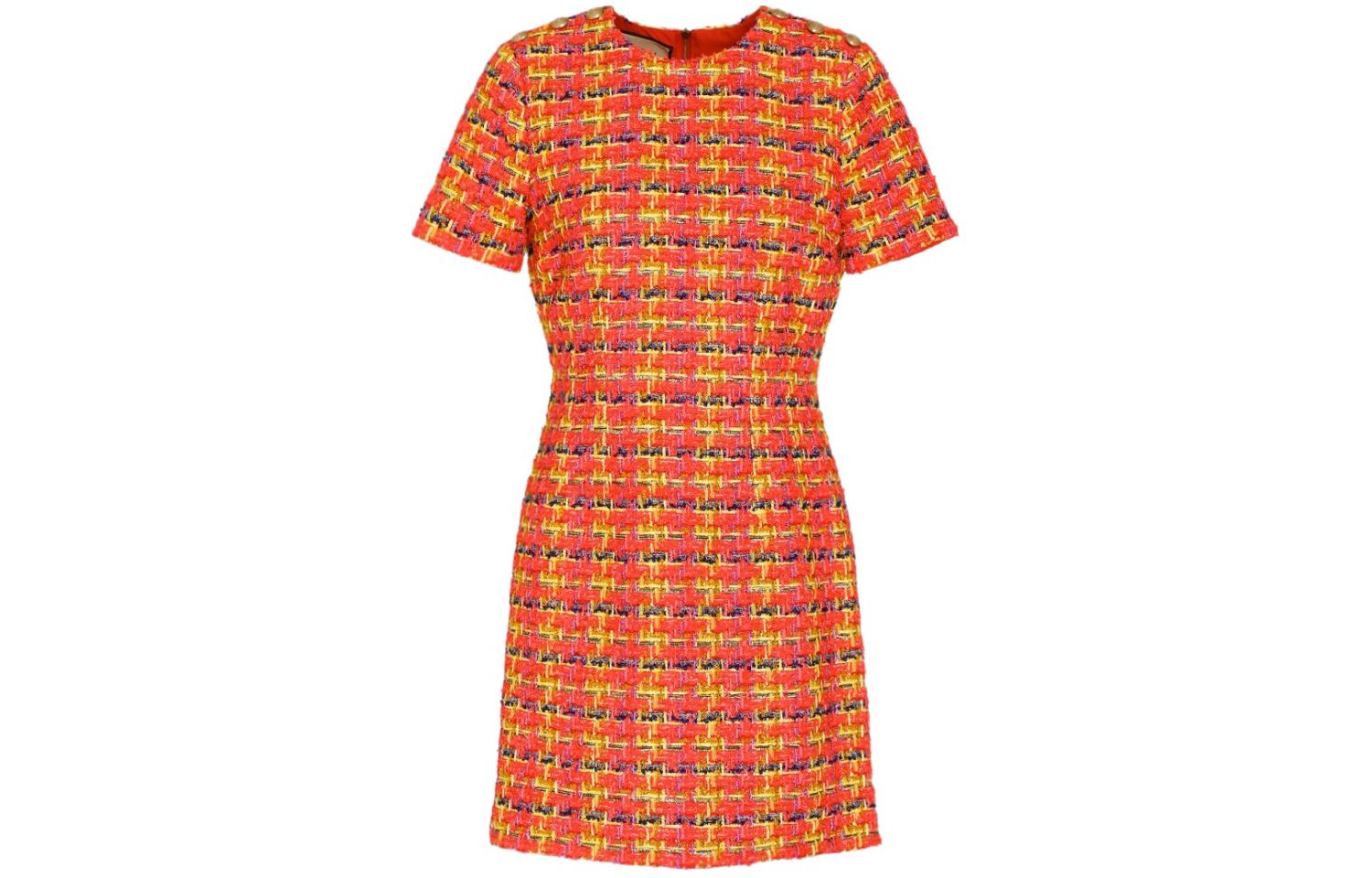 (Women) Gucci Plaid Crew Neck Mid-Length Dress Orange 715615-ZAKNG-5417