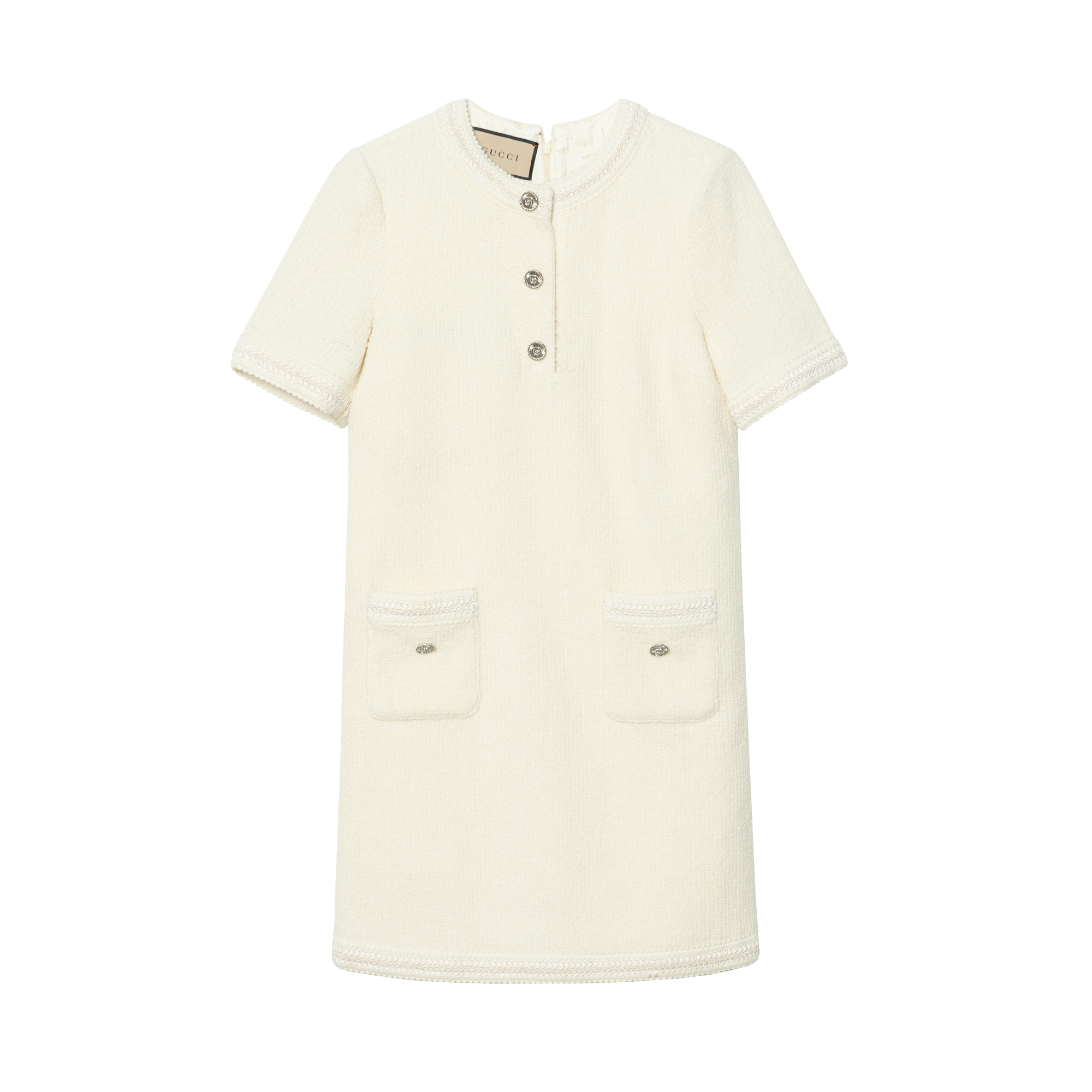 (Women) Gucci Plain Bouclé Short Sleeve Dress Ivory White 770159-ZAOMU-9200