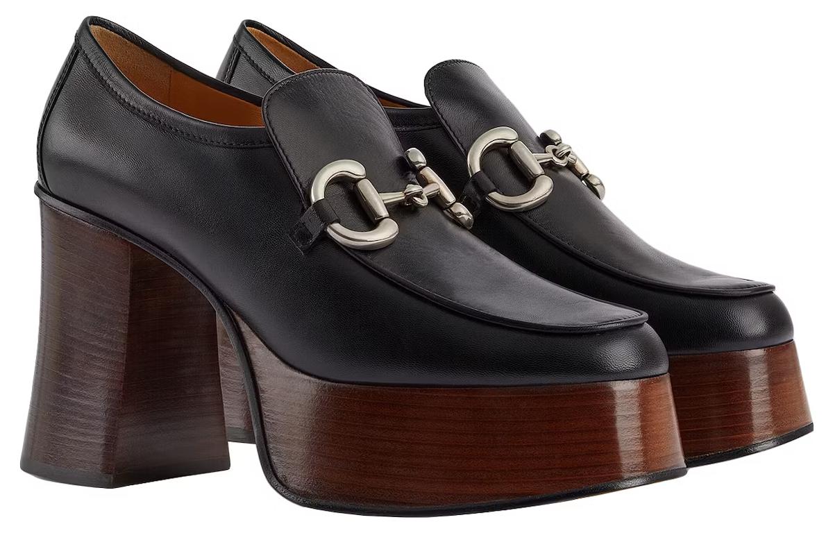 Shop GUCCI古馳 皮革 粗跟 高筒樂福鞋 女款 黑色