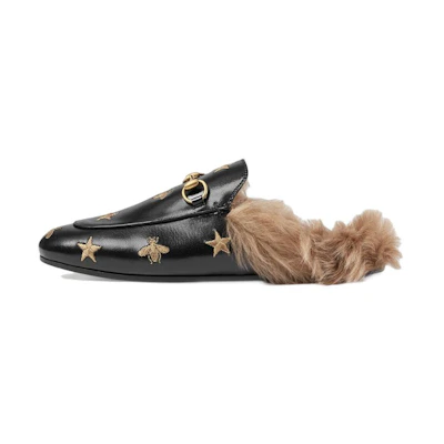 (W) Gucci Princetown 'Embroidered Bee and Star with Lambswool Black'