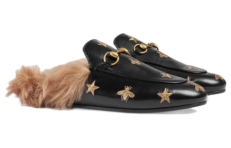 Order (W) Gucci Princetown ''Geborduurde Bij en Ster met Lamswol Zwart'' 505277-D3VT0-1063