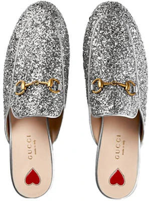 Women Gucci Princetown Glitter Slippers Silver Metallic 432773 KSP20 8106