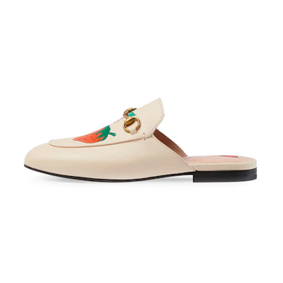 (W) Gucci Princetown Strawberry Printing Leather Slipper White