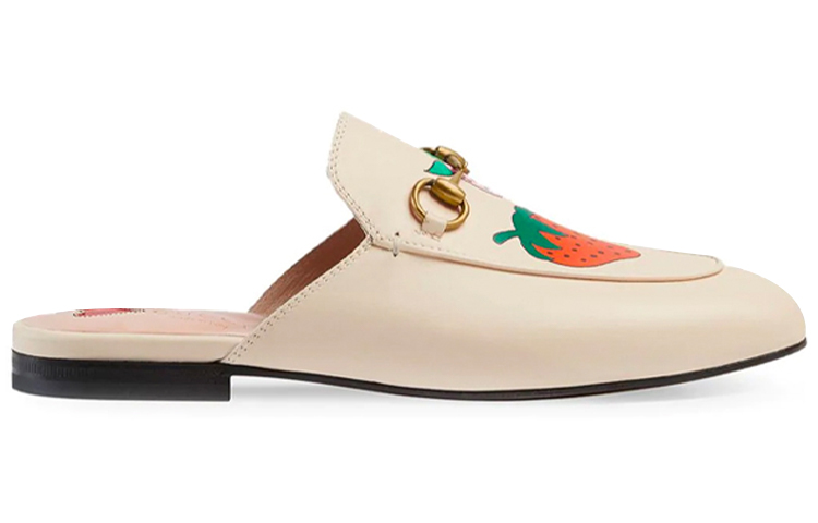 Order (W) Gucci Princetown Sandal Kulit Cetak Stroberi Putih 580082-1GN00-9531