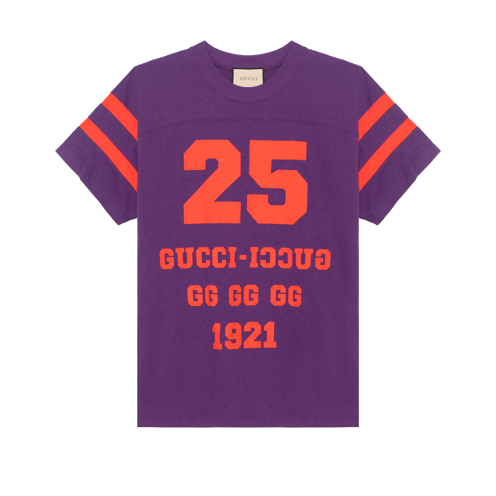 Buy (W) 구찌 퍼플 디지털 레터 스트라이프 반팔 티셔츠 660744-XJD09-5137