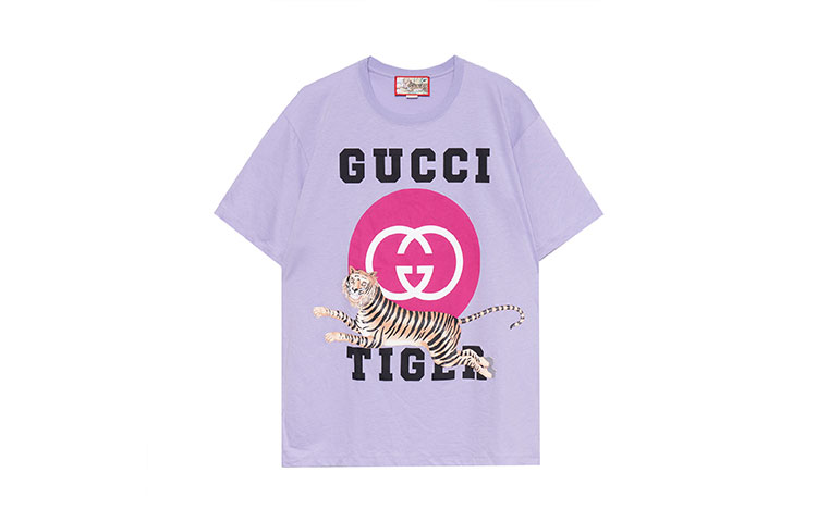 (Women) Gucci Purple Tiger Head Print Oversized Crewneck T-Shirt 615044-XJD37-5319
