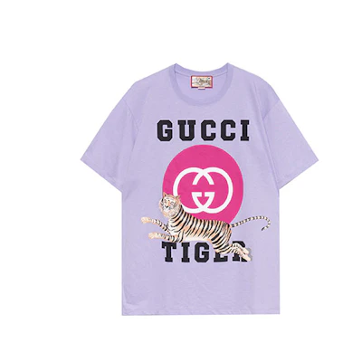 (Women) Gucci Purple Tiger Head Print Oversized Crewneck T-Shirt 615044-XJD37-5319