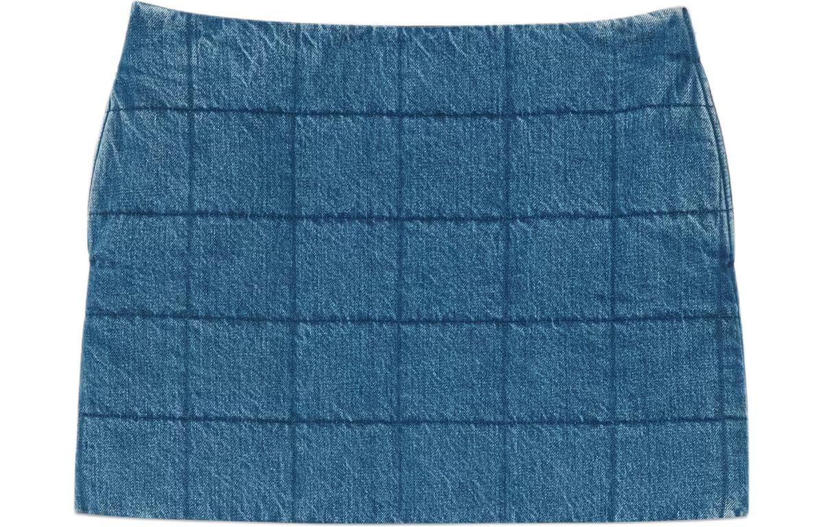 (Women) Gucci Quilted Denim Skirt Plaid Zipper Mini Skirt Blue 766042-XDCQ1-4011