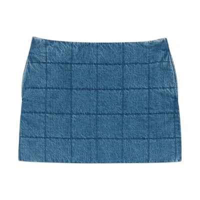 (Women) Gucci Quilted Denim Skirt Plaid Zipper Mini Skirt Blue 766042-XDCQ1-4011