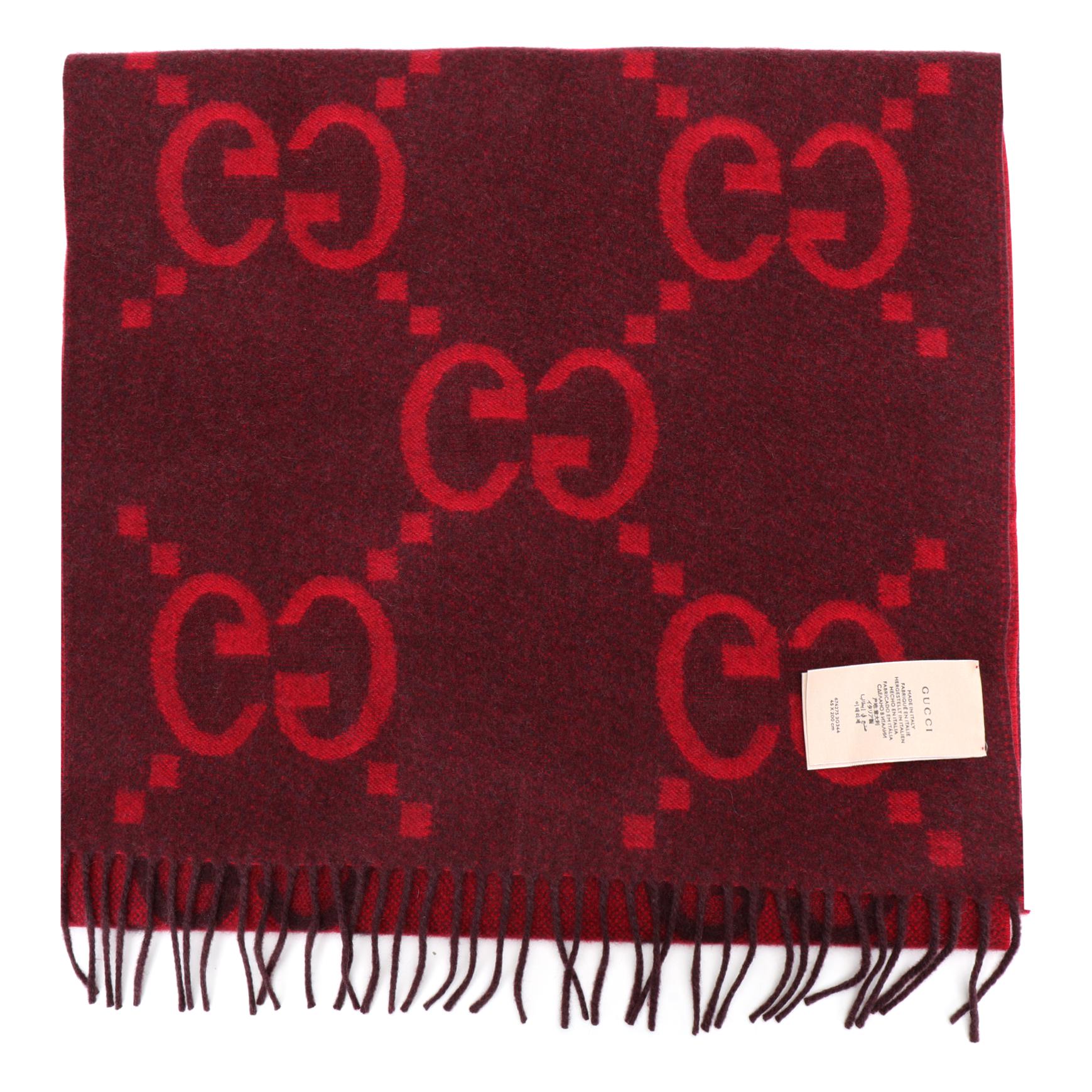 (Women) GUCCI Red Double G Cashmere Jacquard Scarf. 674275-3G344-6473