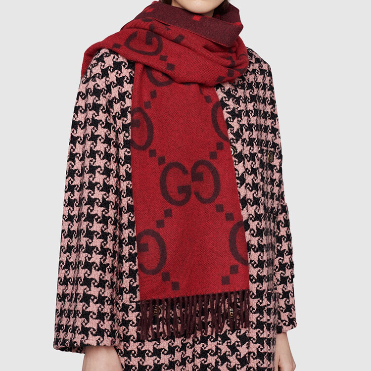 (Women) GUCCI Red Double G Cashmere Jacquard Scarf. 674275-3G344-6473 圖 4