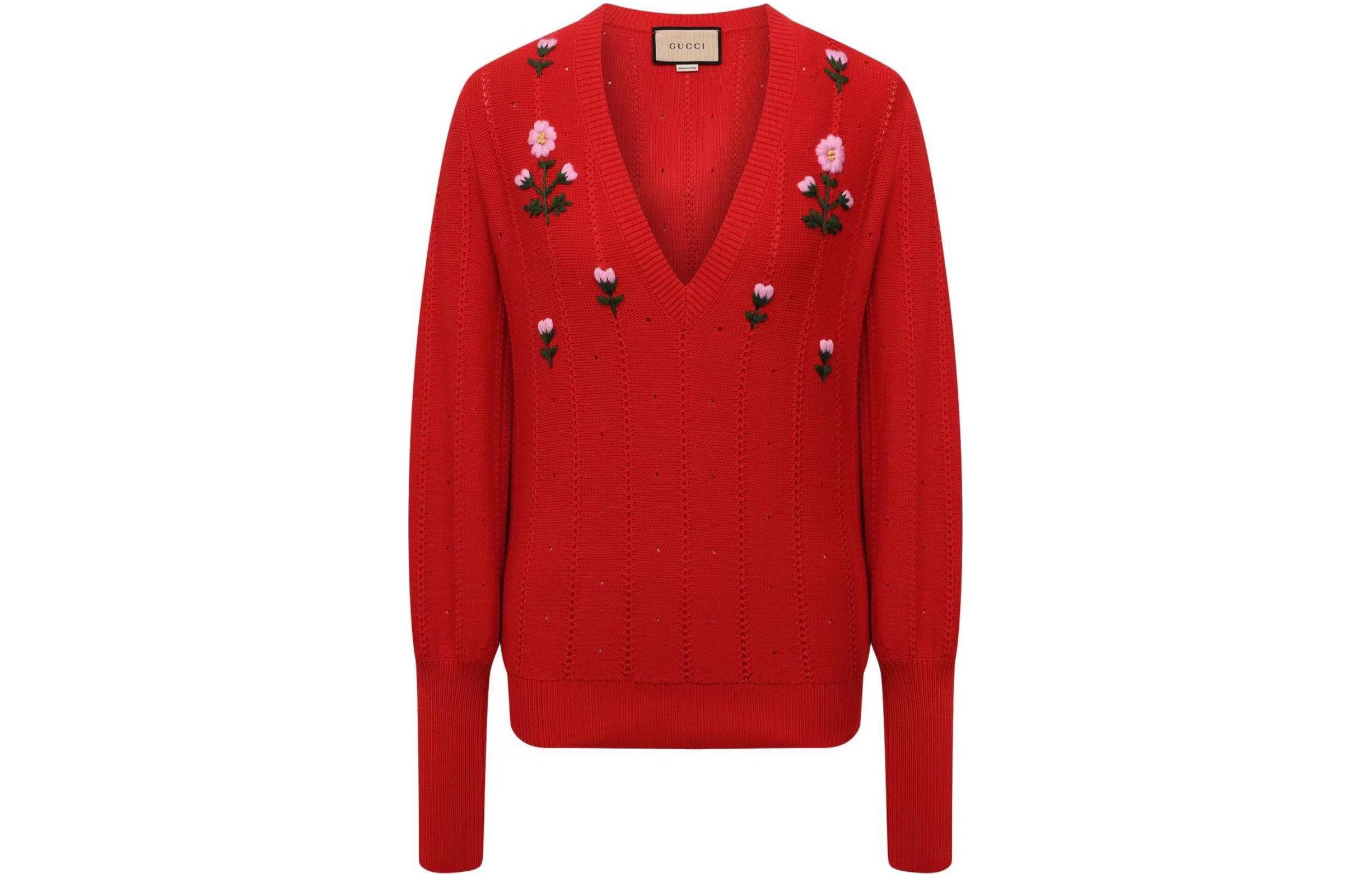 (Women) Gucci Red Floral Embroidered Wool-Blend V-Neck Pullover Sweater 662164-XKBYG-6429