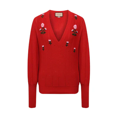 (Women) Gucci Red Floral Embroidered Wool-Blend V-Neck Pullover Sweater 662164-XKBYG-6429