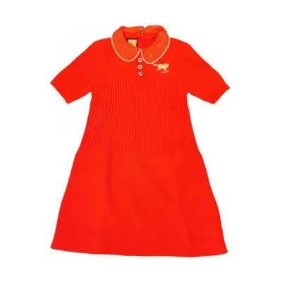 (Women) Gucci Red Knit Dress with Cat Embroidery and Peter Pan Collar 644256-XKBRU-7323