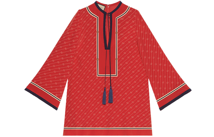 (Women) Gucci Red Silk Striped Mini Long Sleeve Dress 661958-ZAHAX-6429