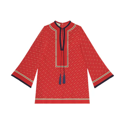 (Women) Gucci Red Silk Striped Mini Long Sleeve Dress 661958-ZAHAX-6429
