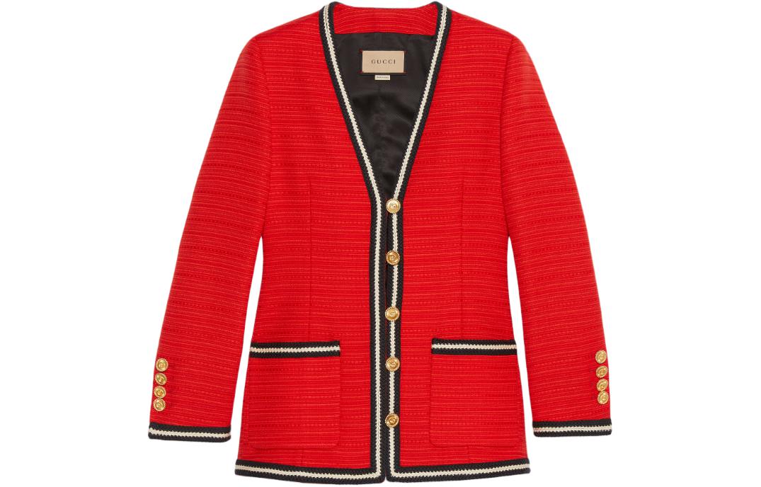 (Women) Gucci Red Single-Breasted Jacket with Colorblock Woven Stripes 761172-ZAO5D-6349